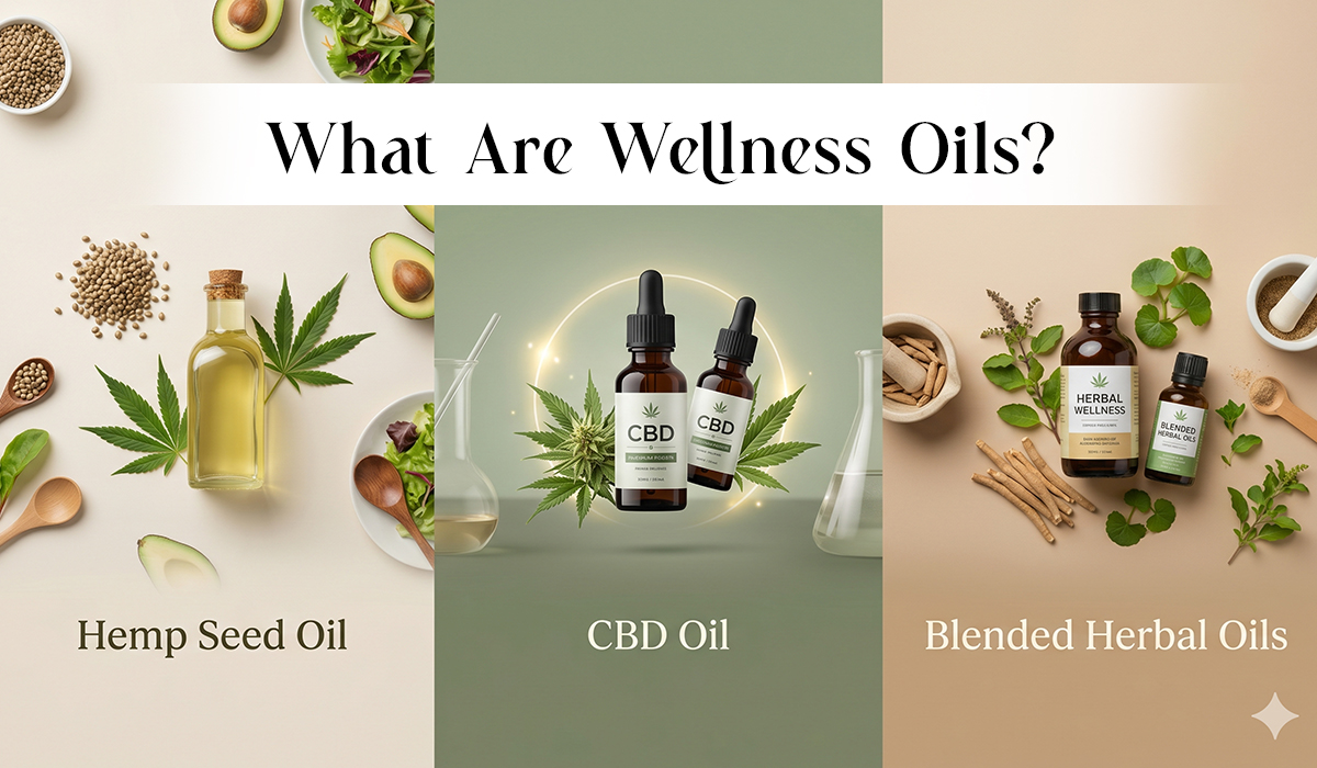 Three panels showcasing hemp seed oil, CBD oil, and blended herbal oils with ingredients.